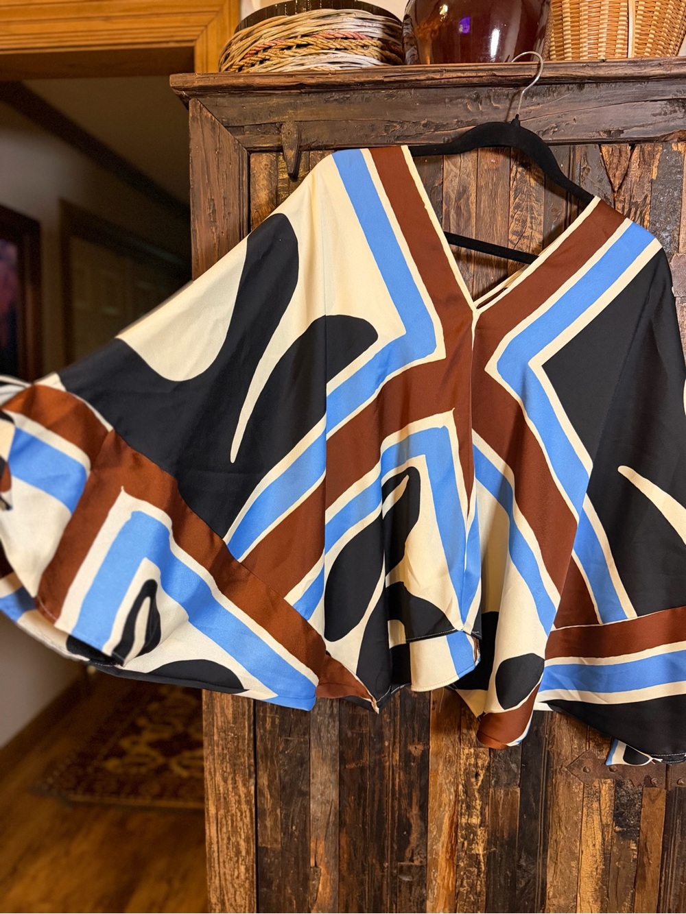 Zara Oversized Abstract Print Blouse Tunic L Tie Sleeve Boho Mod
